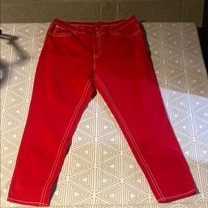 Vibrant Red Straight Leg Jeans with‎ Cropped Style
